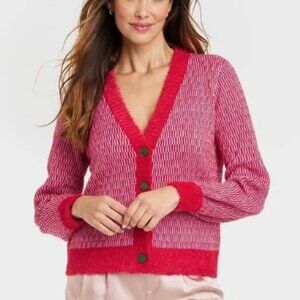 Fuzzy Christmas Cardigan Sweater Red V Neck Tree Buttons Festive Holiday Party